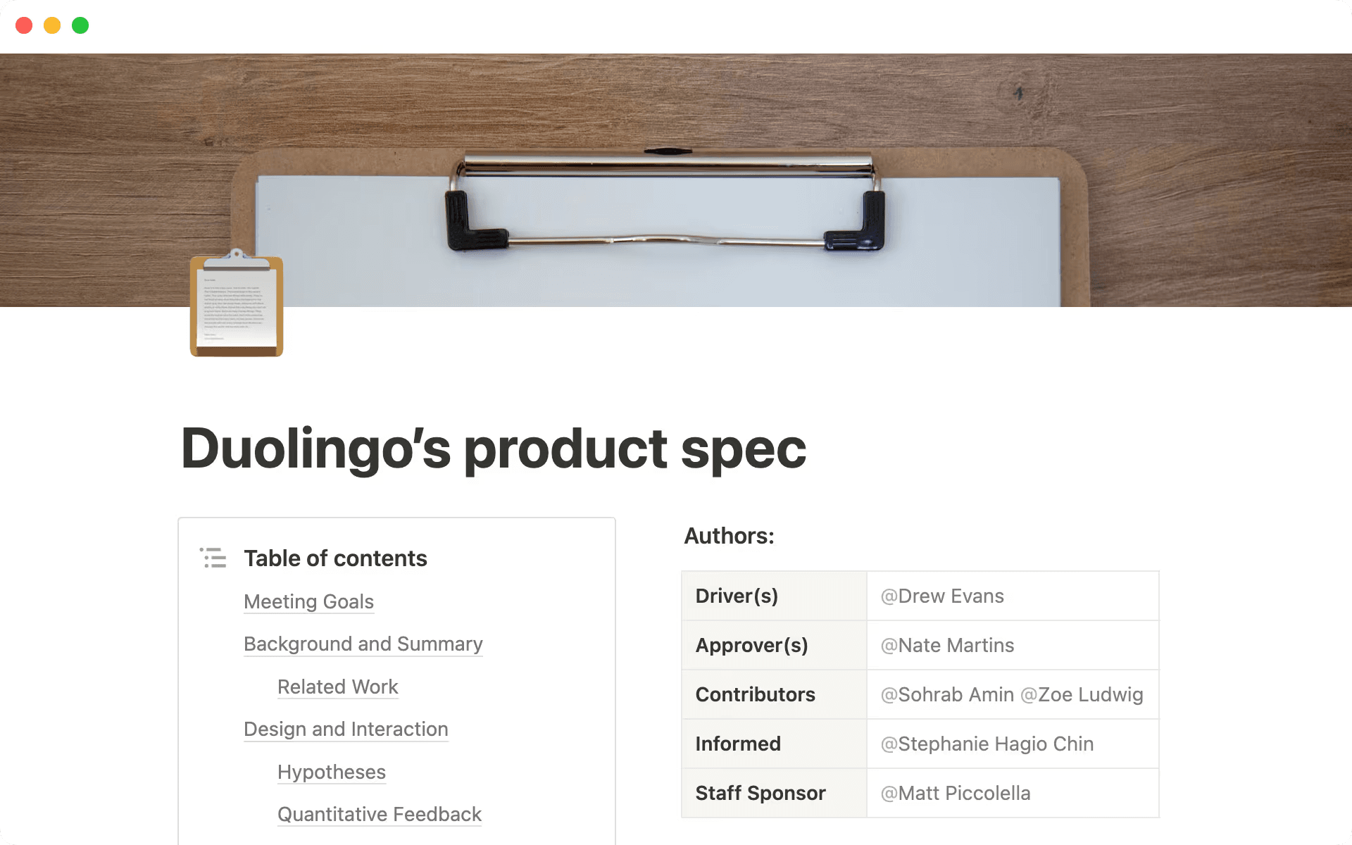 Duolingo’s product spec links meeting goals, background, and design work