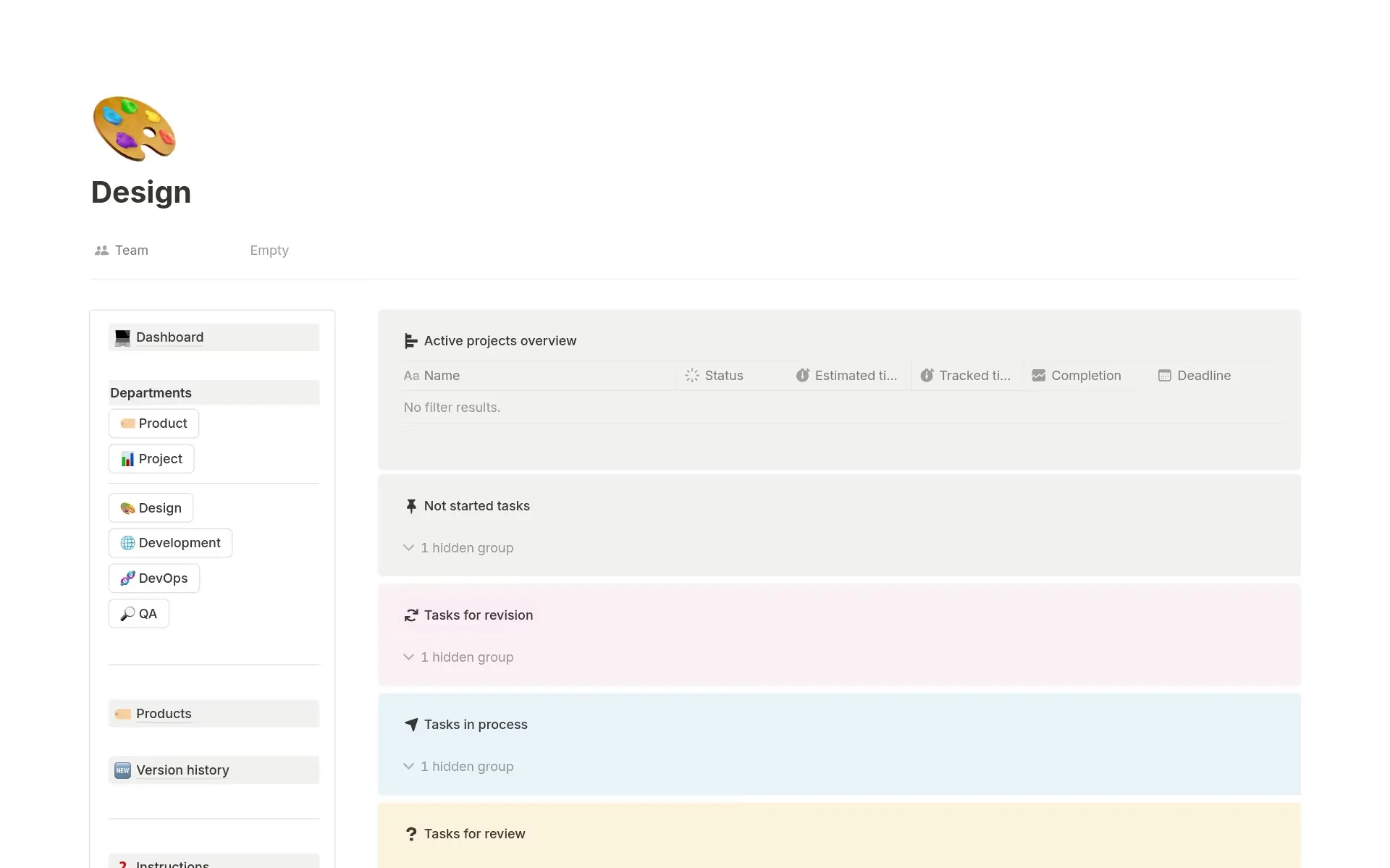 Notion’s software project dashboard, which shows tasks by status to support iterative delivery and continuous feedback