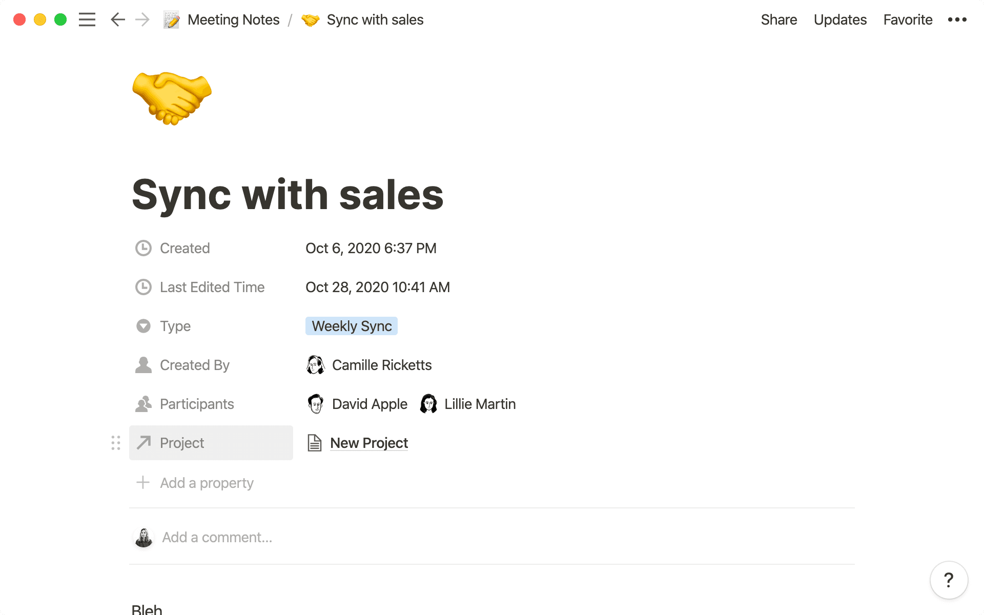 Using a relation property in a database keeps all work connected, whether it’s docs or meeting notes for a specific project.
