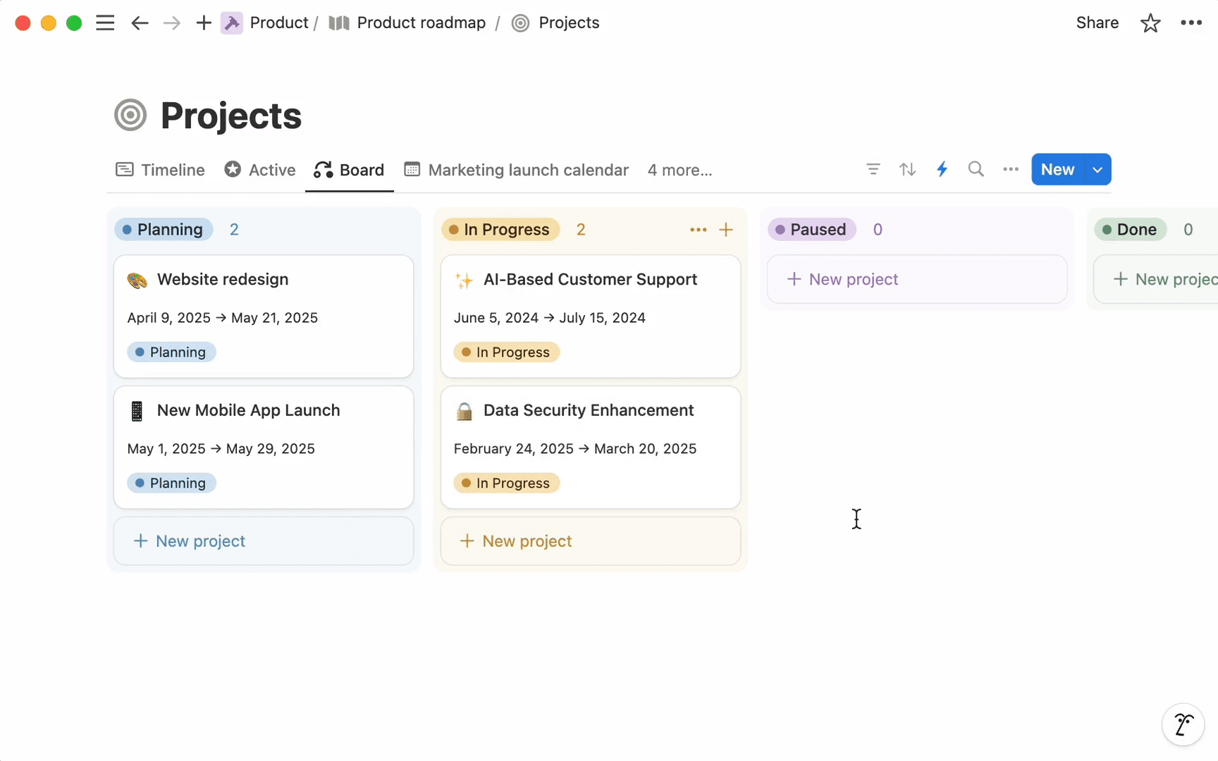A Projects board in Notion that shows projects by status across teams